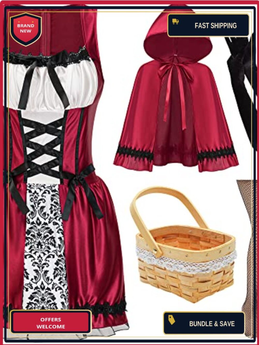 Women's Halloween Peasant Dress Costume Set with Hooded Cape Basket Gloves